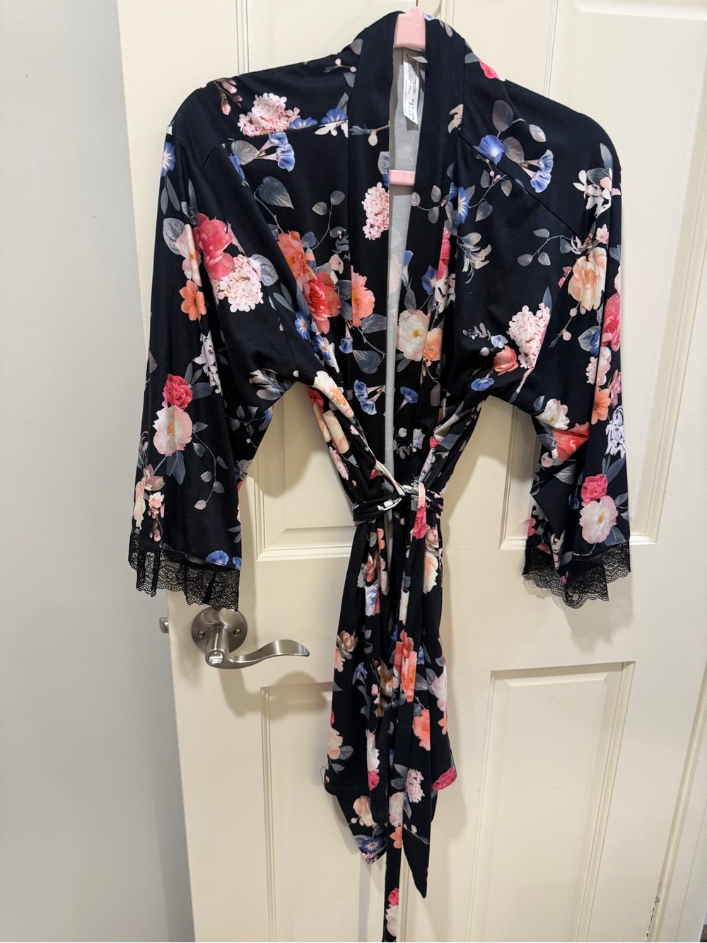 Flora Nikrooz Black Floral Kimono Robe with Lace Trim